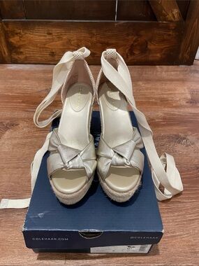 Cole Haan CloudFeel Hampton Gold Metallic Espadrille Sandals with Ankle Wrap